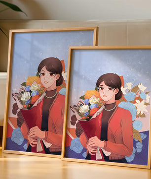 Mujer sosteniendo ramo con fondo floral
