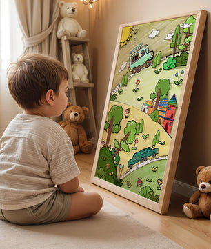 Colorful cartoon landscape with vehicles and nature scene