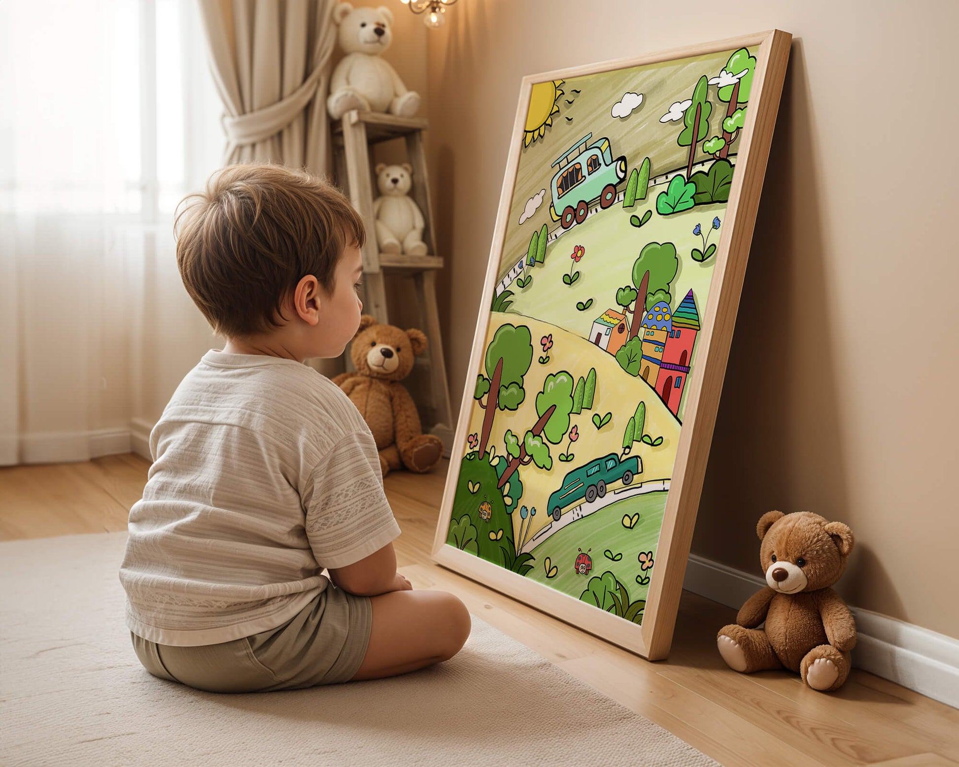 Colorful cartoon landscape with vehicles and nature scene