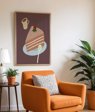 Ilustración de una porción de pastel con fresa y café