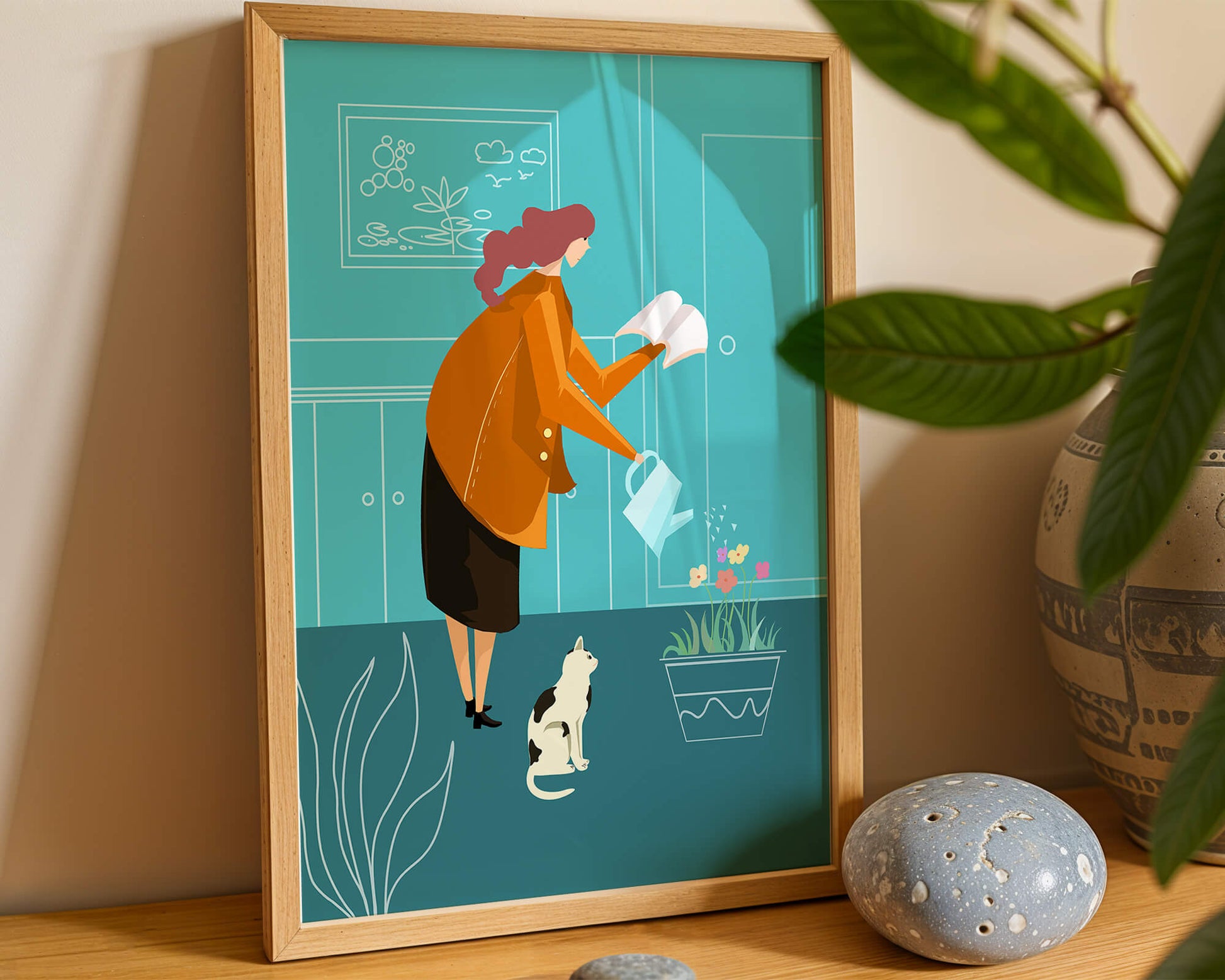 Mujer regando flores con un gato en un interior moderno