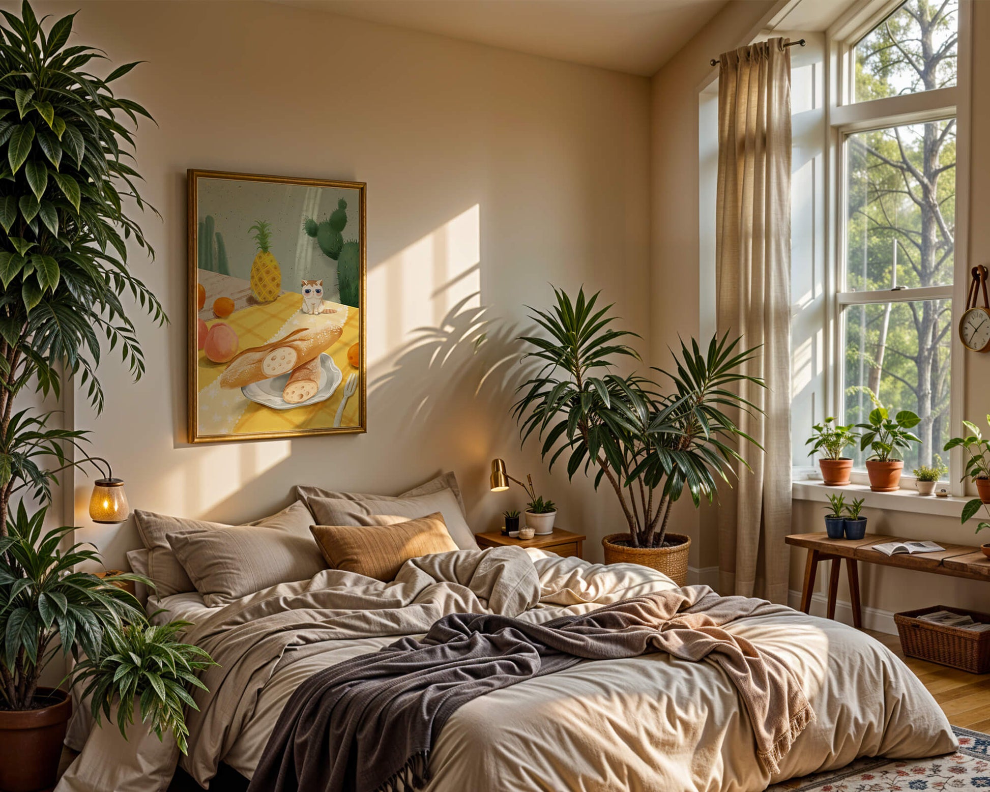 Gato con gafas de sol en un entorno tropical con baguettes y frutas