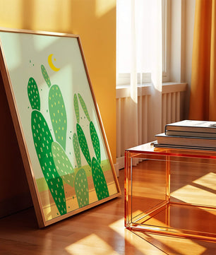 Desert cactus illustration with crescent moon