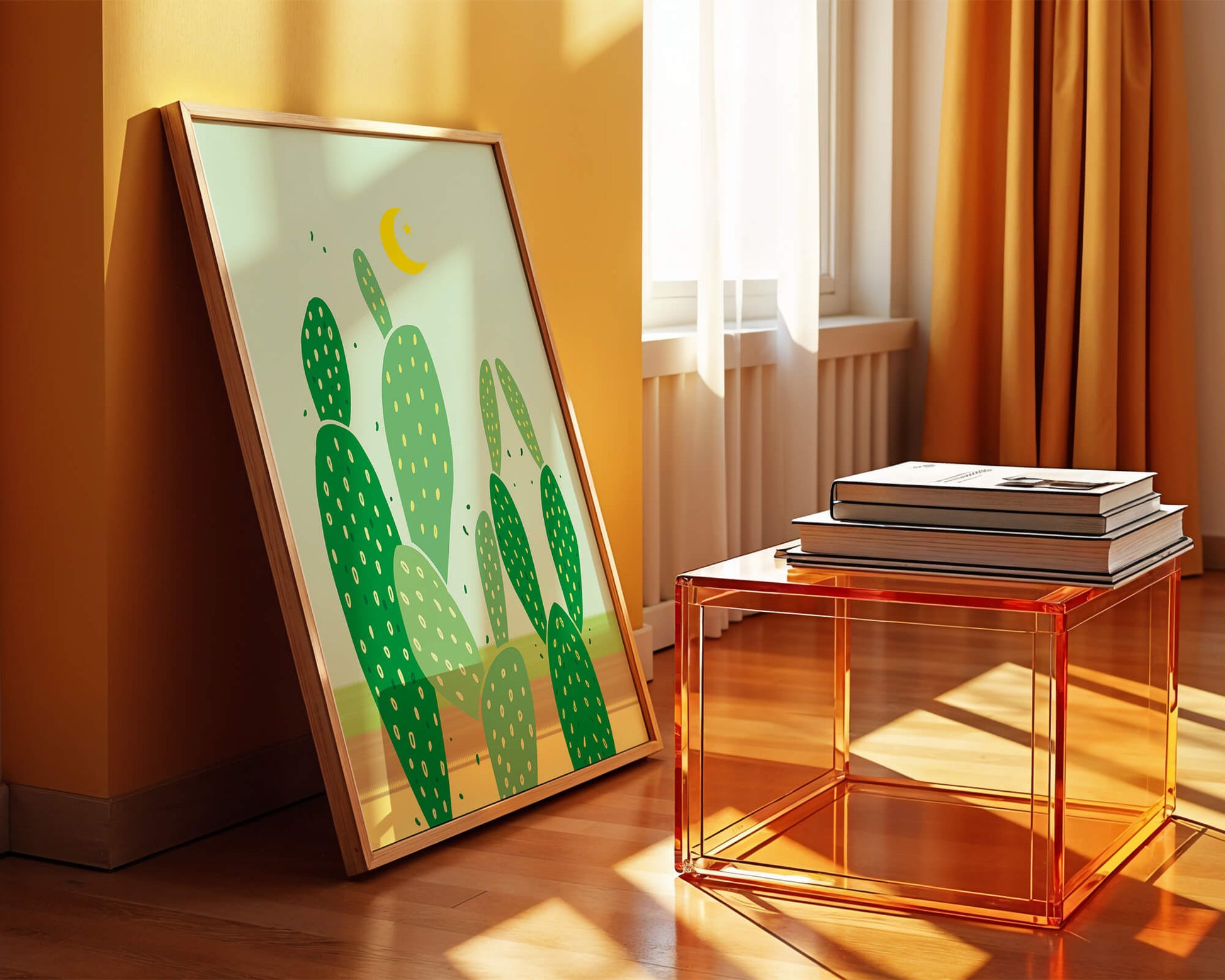 Desert cactus illustration with crescent moon