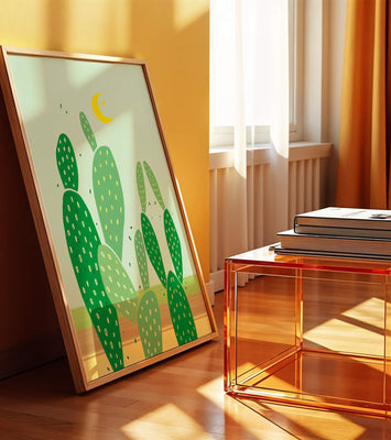 Desert cactus illustration with crescent moon