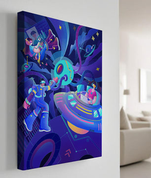 Futuristic Space Adventure Illustration with Robots and Technology