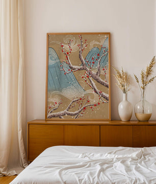 Traditional Japanese landscape with blooming cherry branches