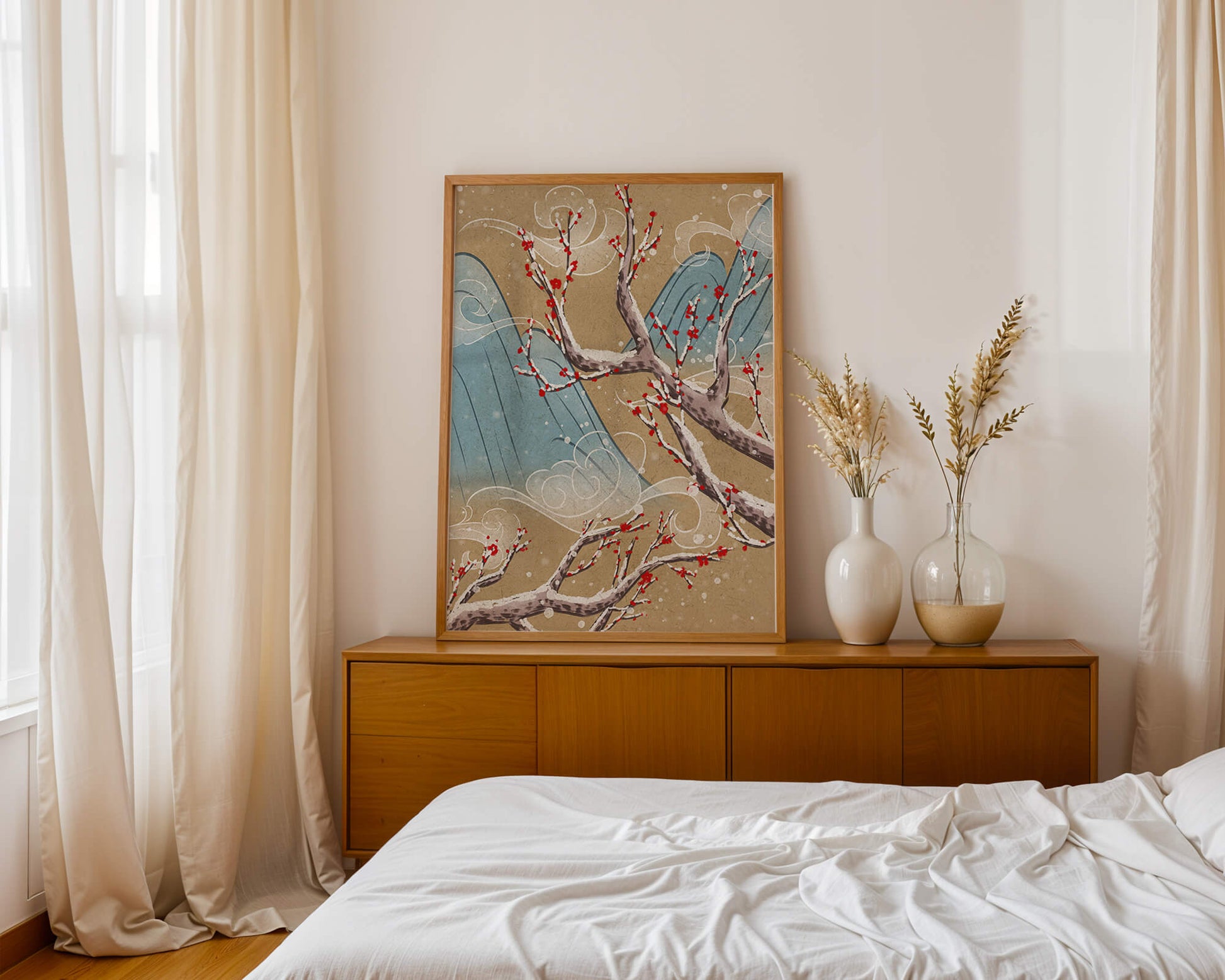 Traditional Japanese landscape with blooming cherry branches