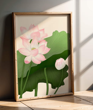 Delicate pink lotus flowers with verdant green leaves