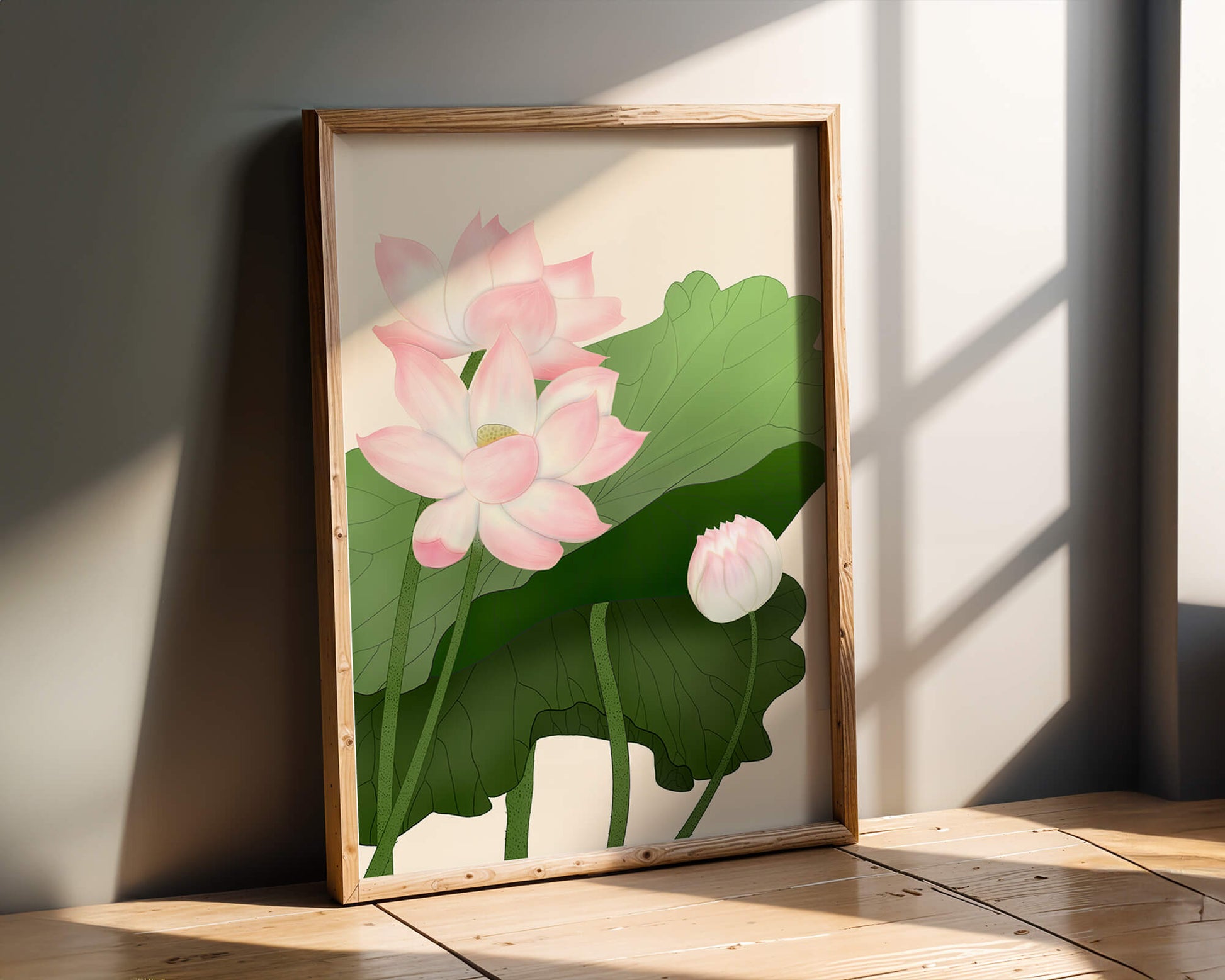 Delicate pink lotus flowers with verdant green leaves