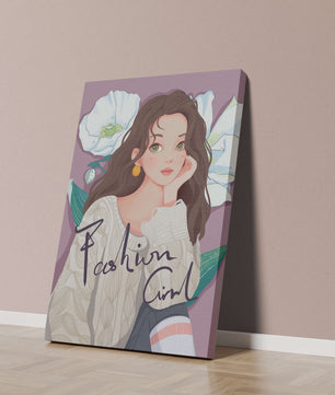 Illustrated fashion girl with floral background and purple theme