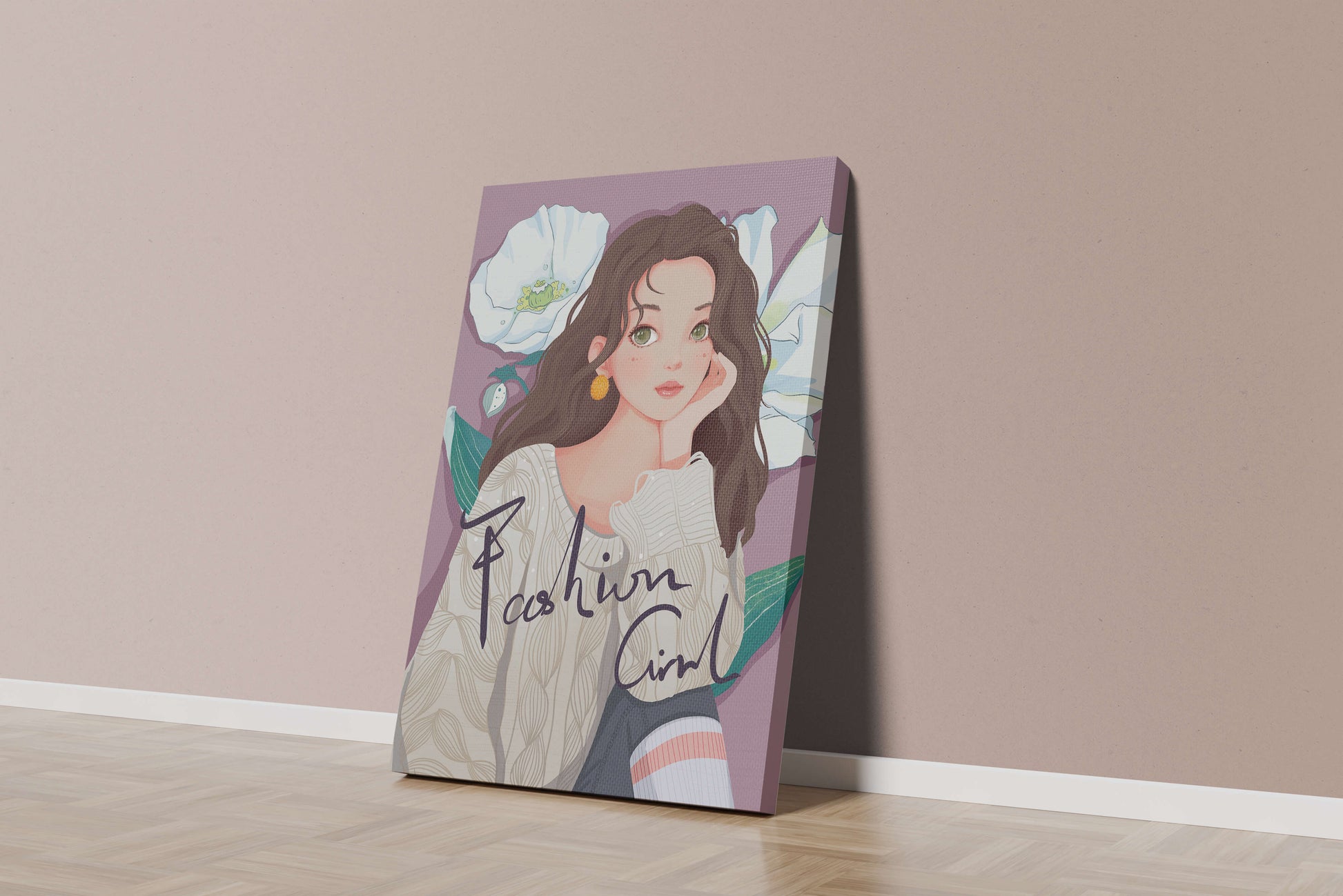 Illustrated fashion girl with floral background and purple theme