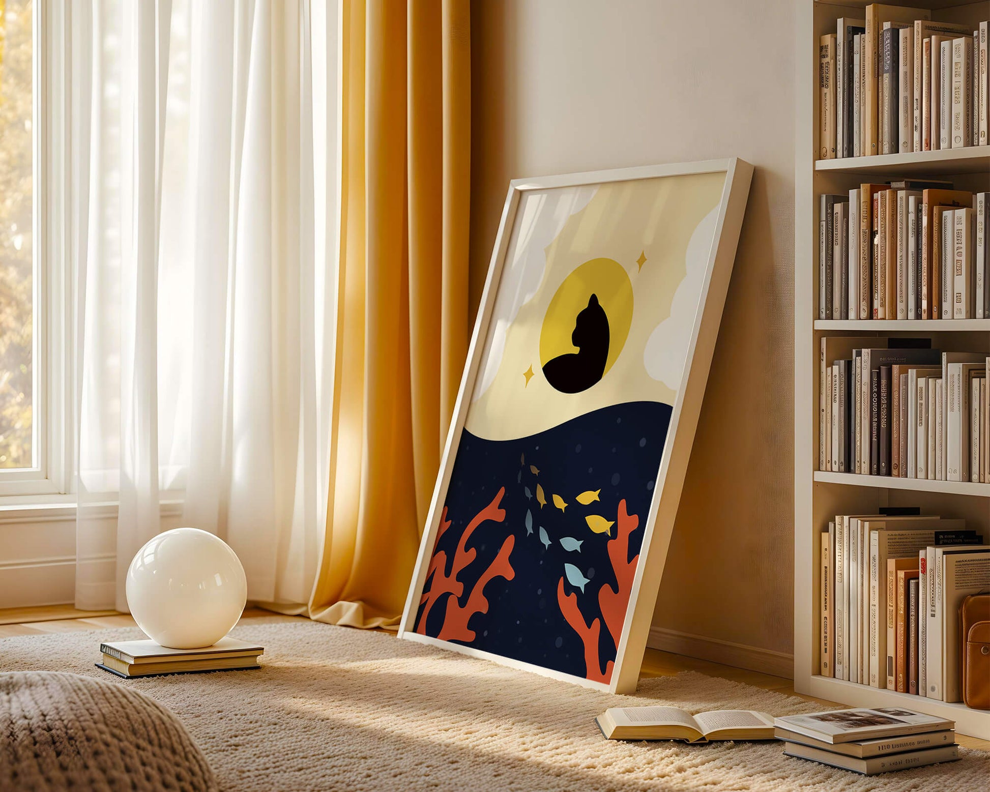Ruhiges abstraktes Design mit Katzensilhouette und lebendiger Unterwasserszene
