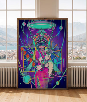 Geisha cibernética futurista con elementos de realidad virtual
