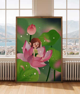 Charming fairy sitting on a blooming pink lotus in a magical garden