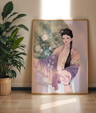 Elegant Asian Woman in Traditional Attire with Floral Background - Mi tienda