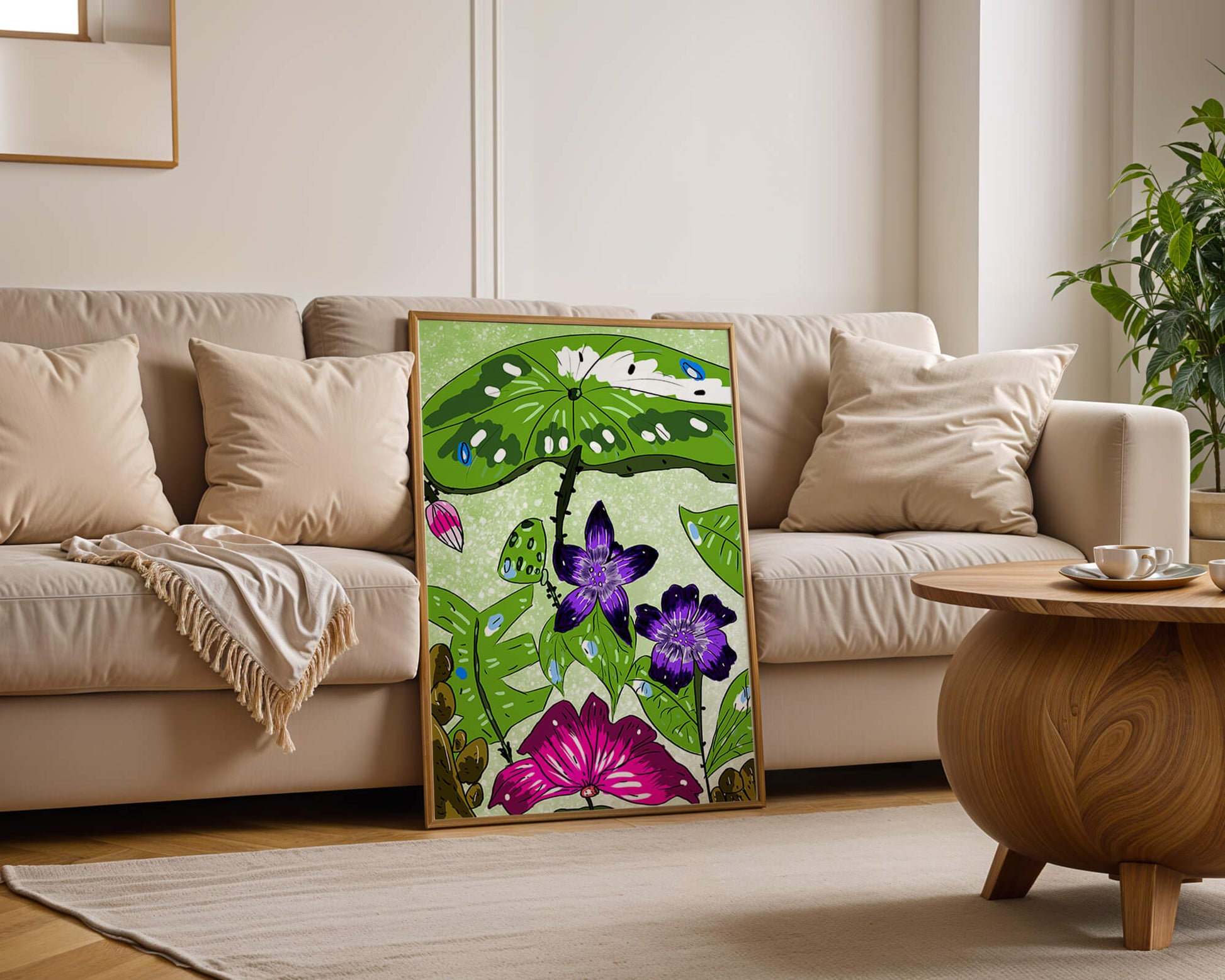 Bunte Blumenillustration mit exotischen Blumen und Blättern