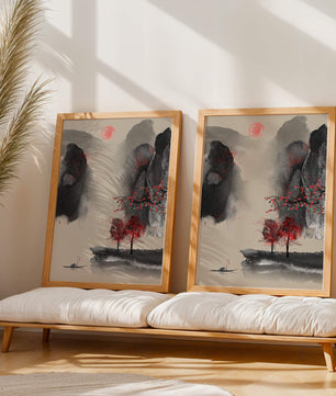 Serene landscape with red foliage and misty mountains