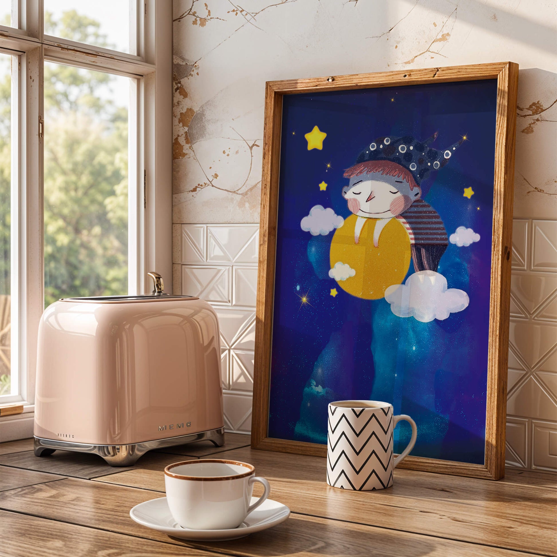 Dreamy Nighttime Scene with a Child Hugging the Moon