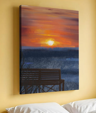 Serene Sunset Overlooking the Ocean with a Wooden Bench