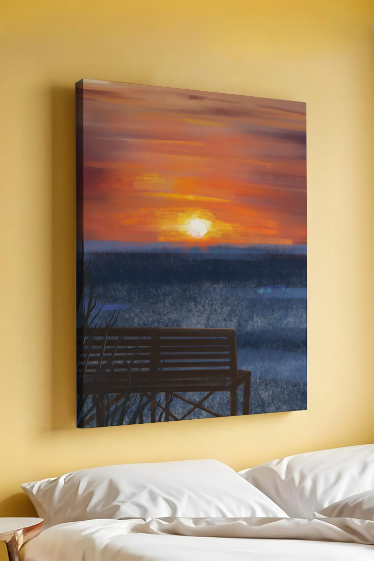 Serene Sunset Overlooking the Ocean with a Wooden Bench