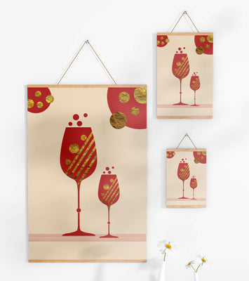 Stylish wine glasses with gold accents and a festive theme
