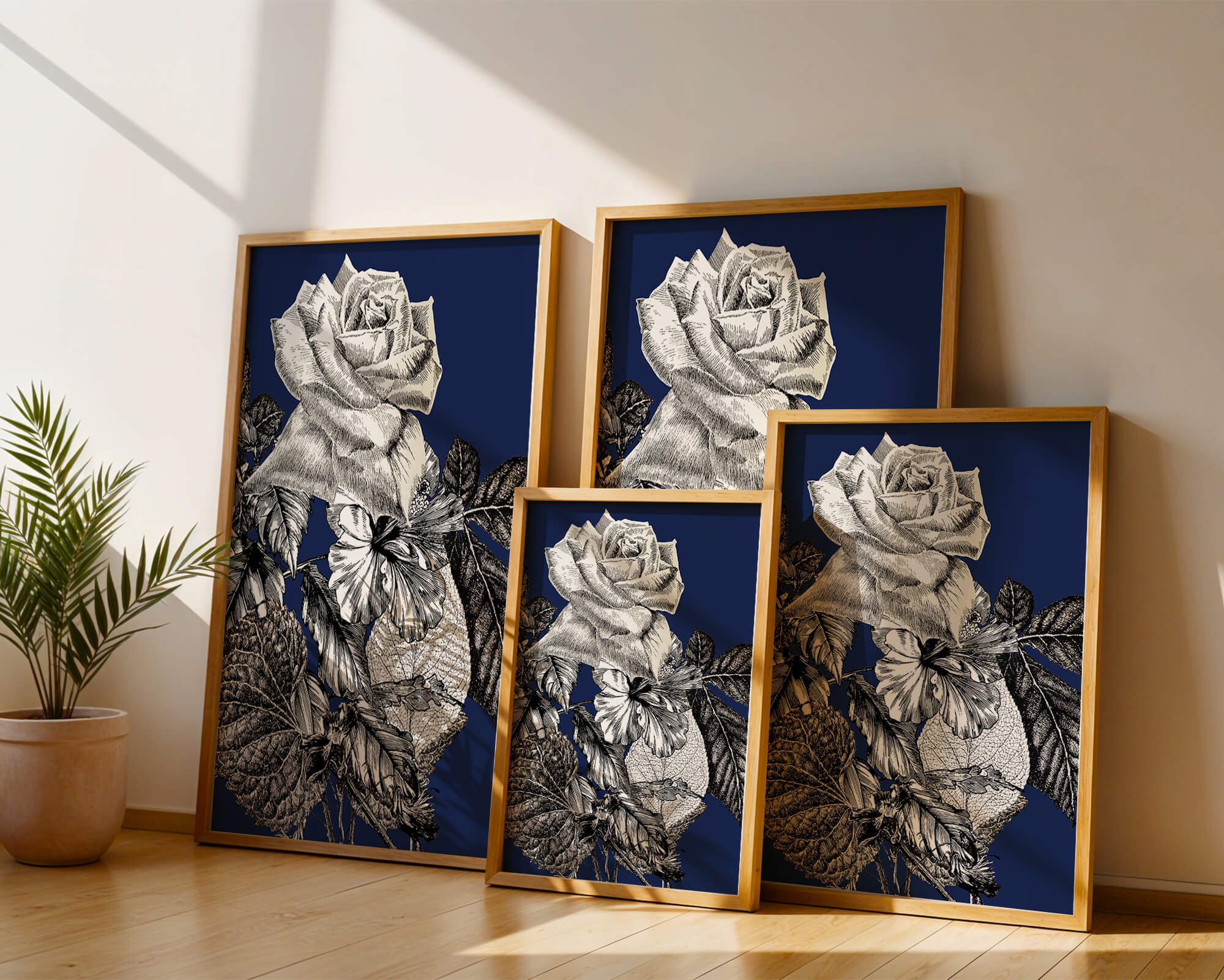 Intricate botanical illustration of roses and foliage on a deep blue background