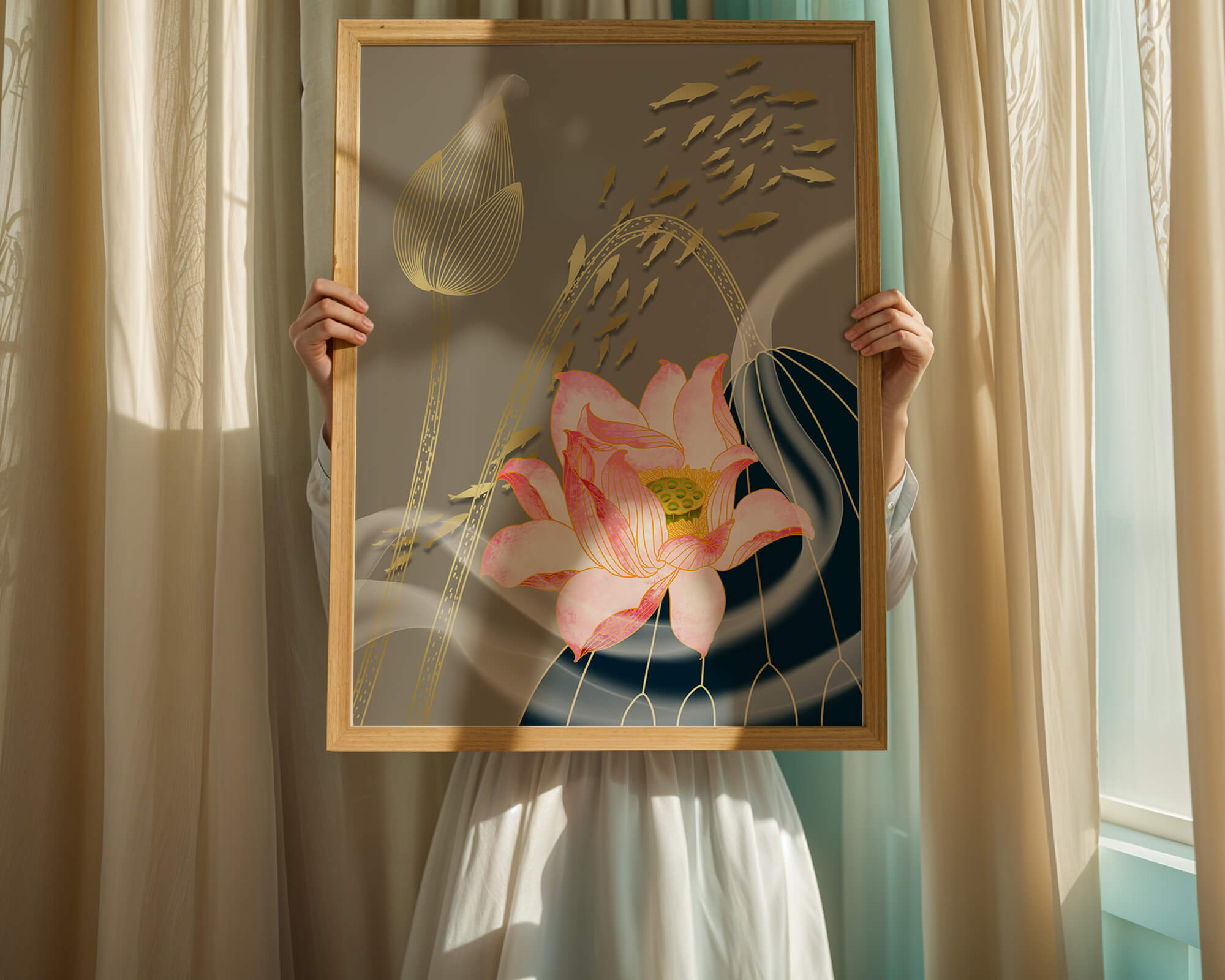 Elegant floral design with blooming lotus and golden fish accents