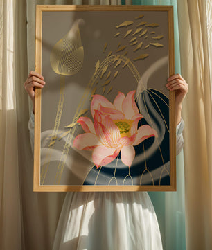 Elegant floral design with blooming lotus and golden fish accents