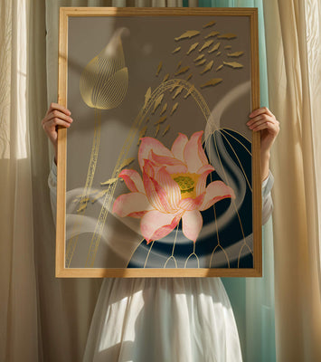 Elegant floral design with blooming lotus and golden fish accents