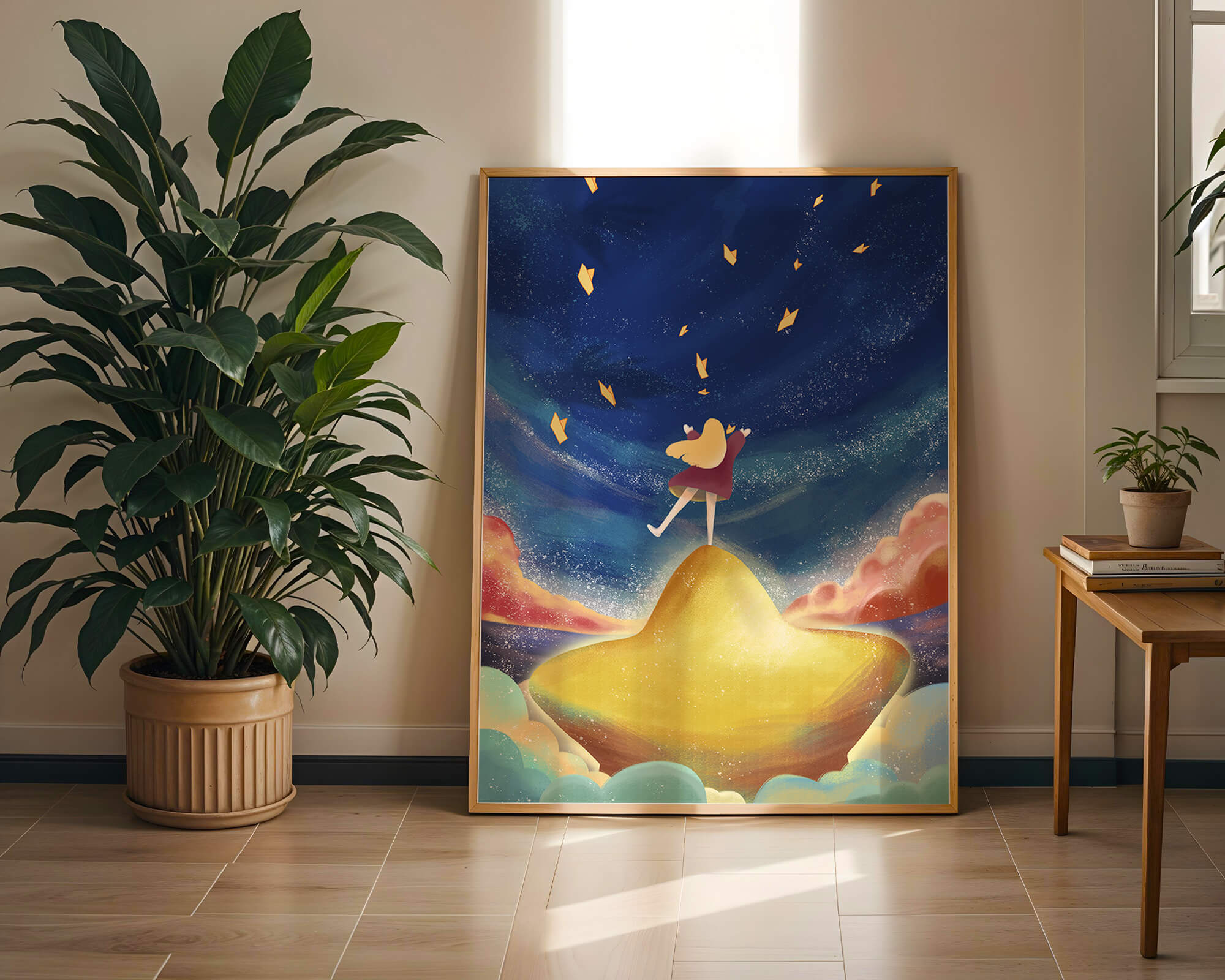 Girl standing on a golden hill reaching for stars in a dreamy night sky