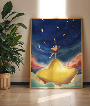 Girl standing on a golden hill reaching for stars in a dreamy night sky