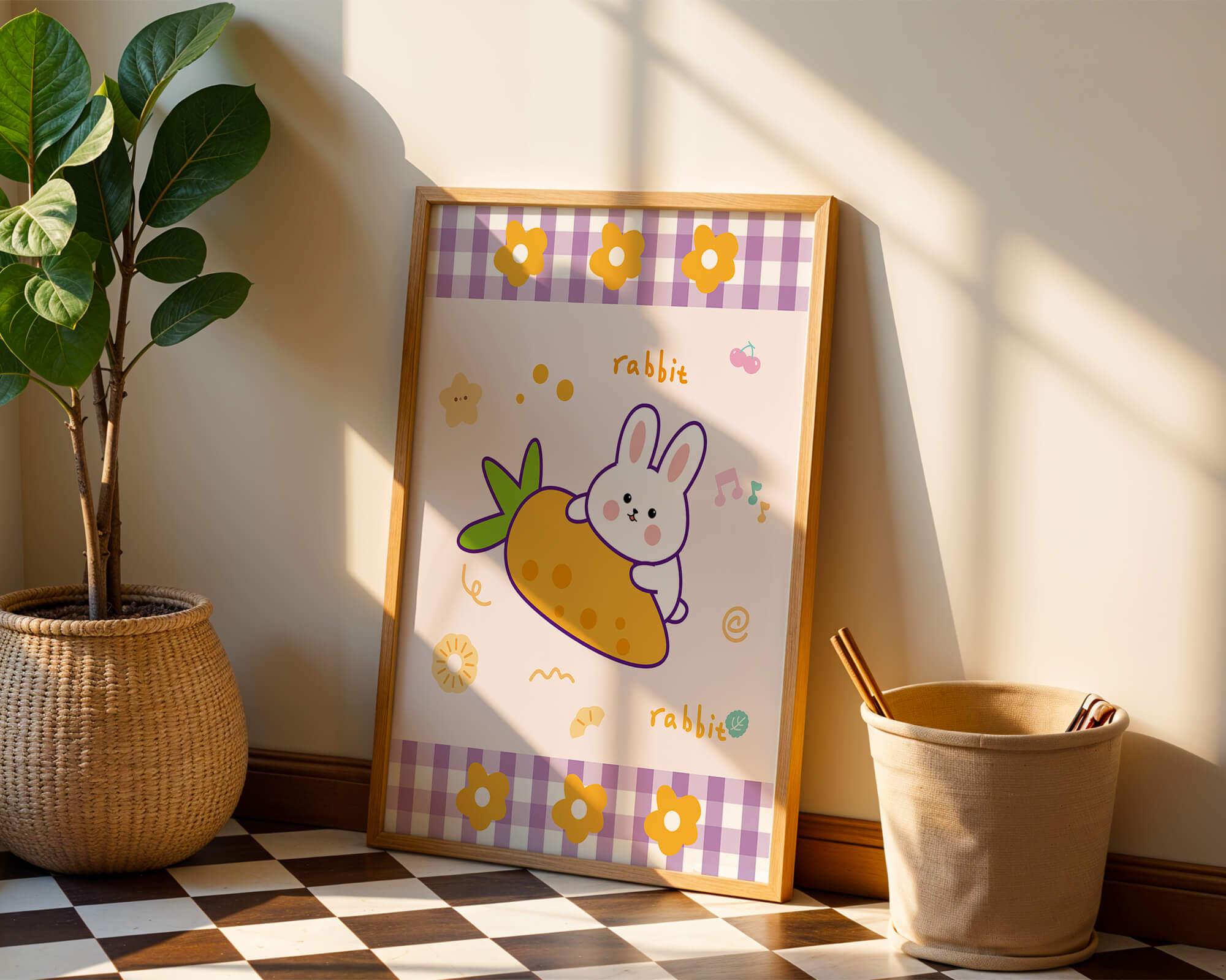Illustrated cute rabbit with carrot on a colorful background