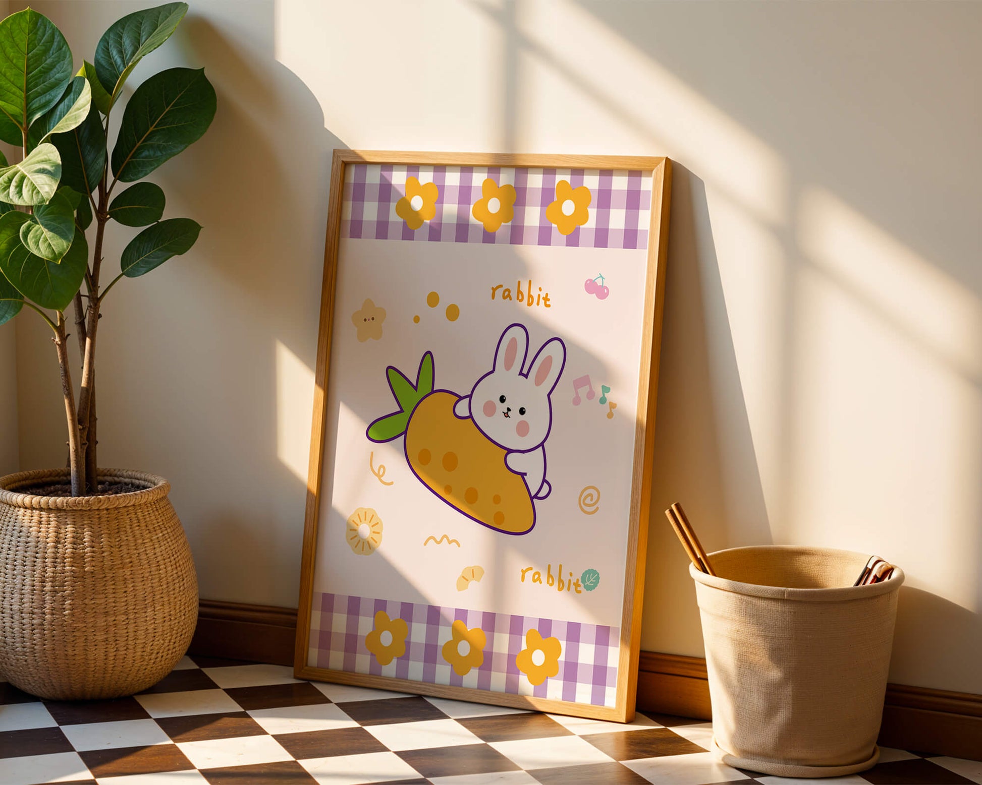 Illustrated cute rabbit with carrot on a colorful background