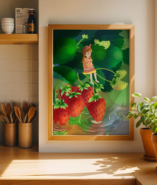 Young girl sitting among large strawberries in a whimsical garden setting