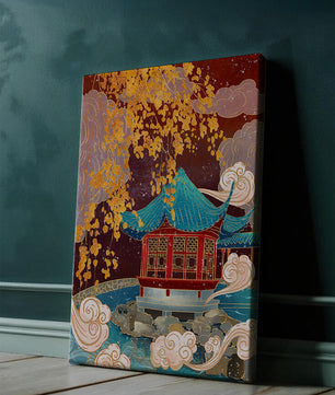 Traditional Chinese Pavilion with Gold Leaves and Clouds