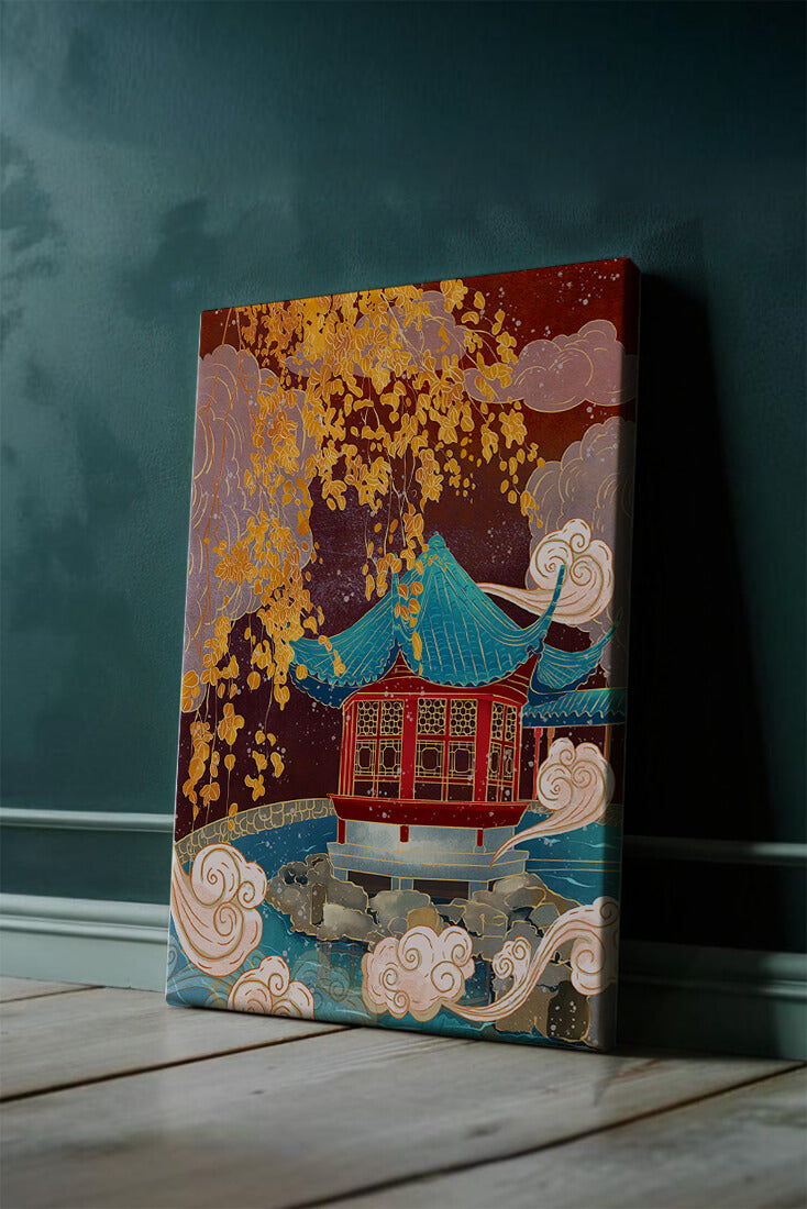 Pabellón chino tradicional con hojas doradas y nubes