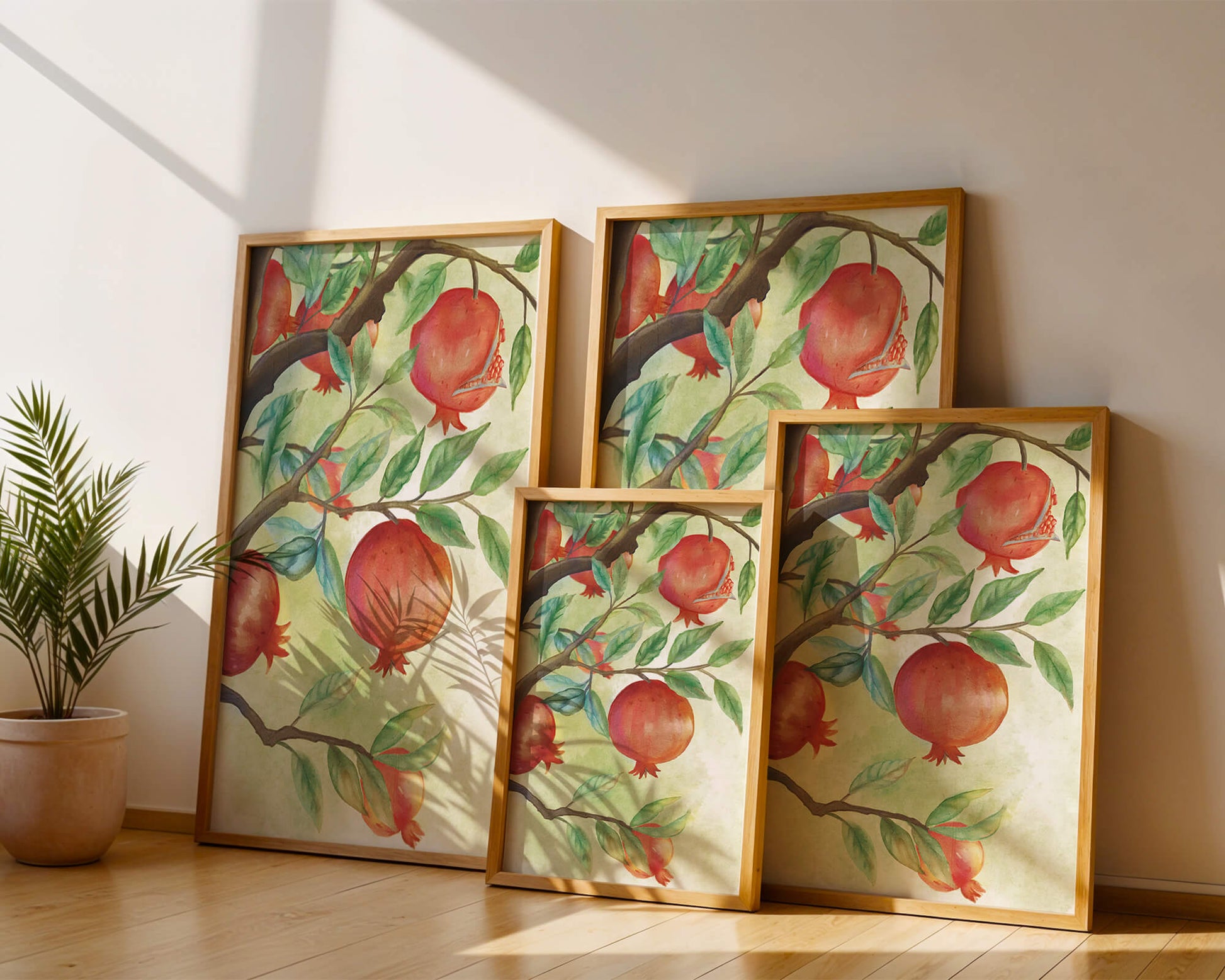 Watercolor Pomegranate Tree Branch with Fruits and Leaves