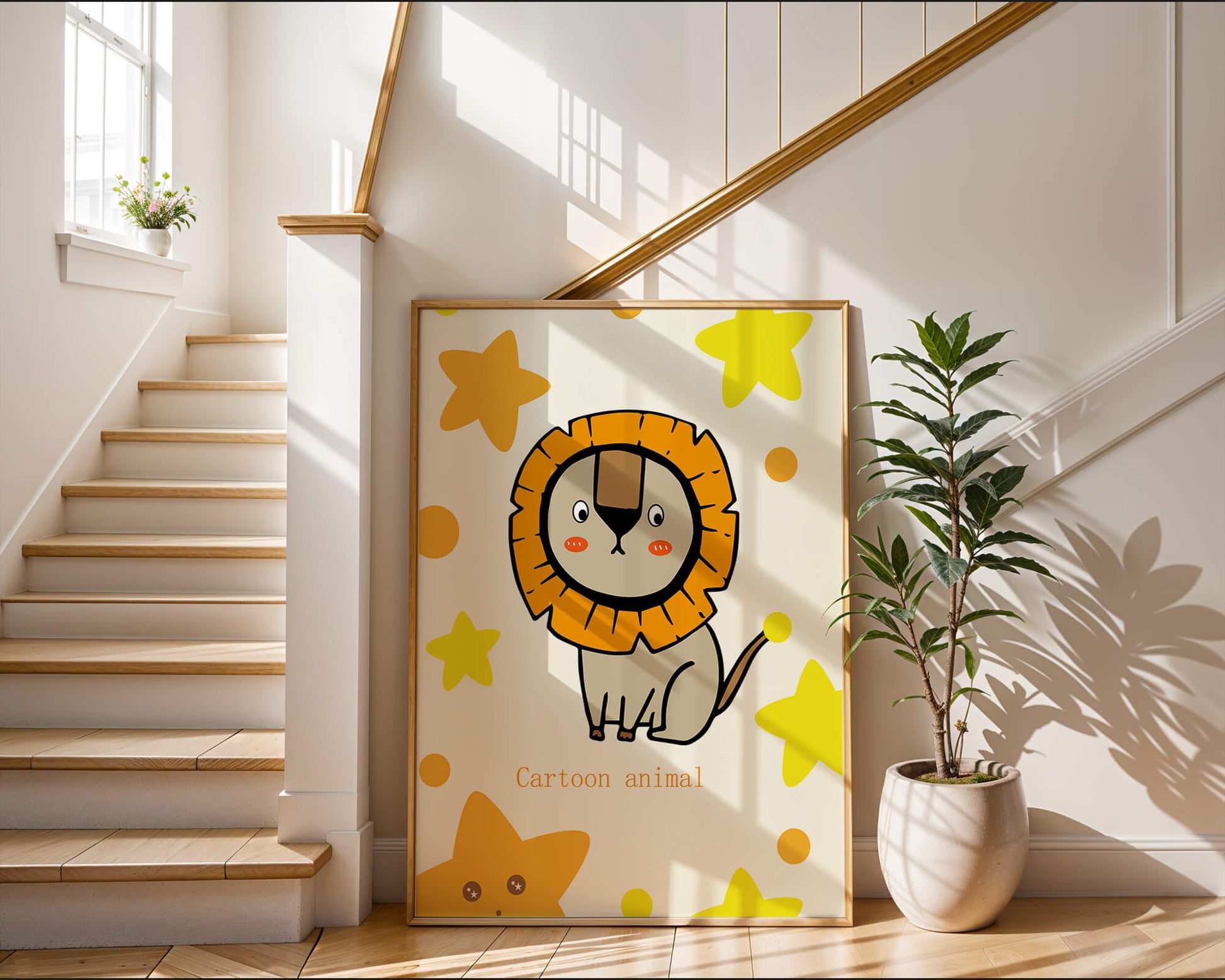 Cute cartoon lion illustration with stars for children's room