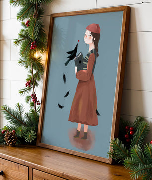 chica en atuendo vintage con pájaro y libro sobre fondo azul