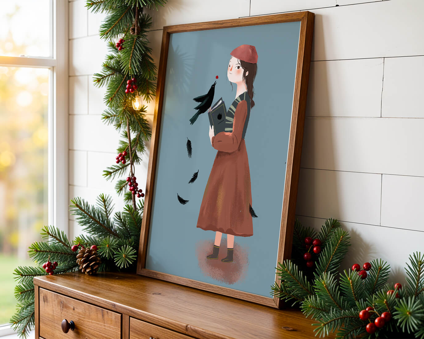 girl in vintage attire with bird and book on blue background