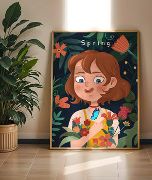 Ilustración primaveral encantadora con flores y mariposa