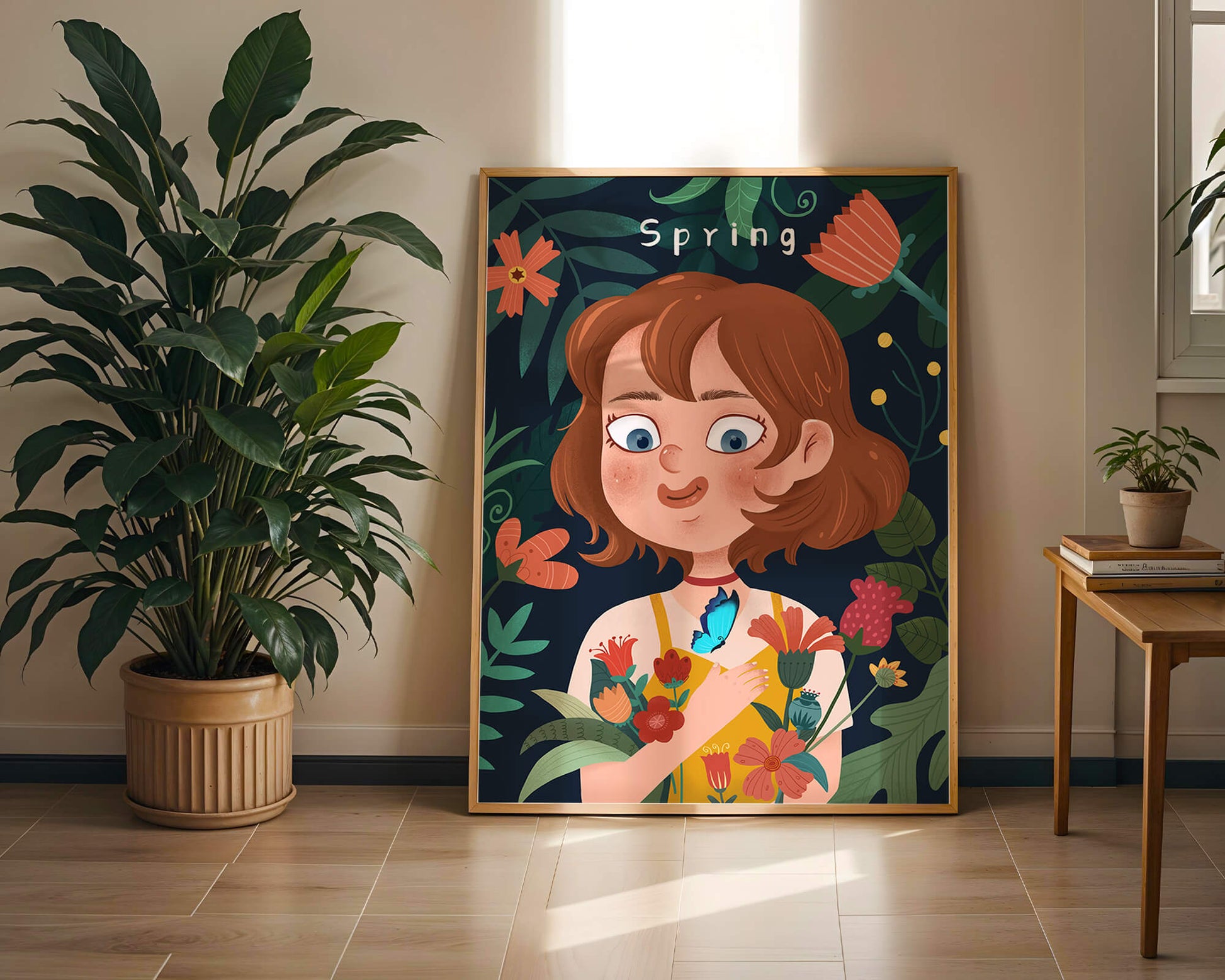 Ilustración primaveral encantadora con flores y mariposa