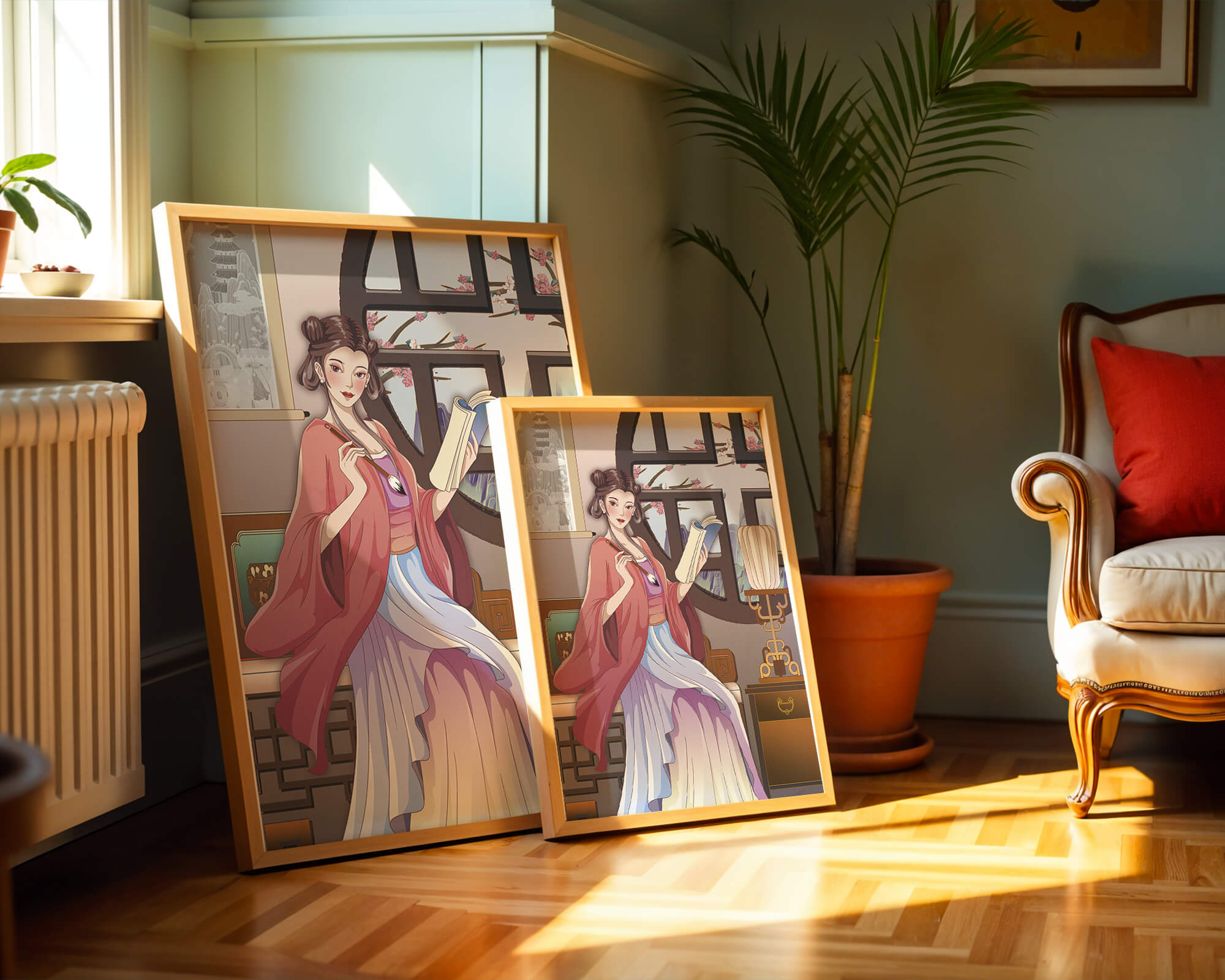 Illustrated scene of a woman in traditional attire reading by a window