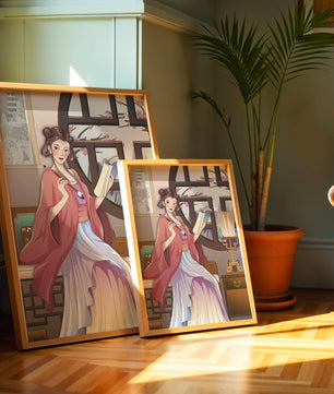 Illustrated scene of a woman in traditional attire reading by a window