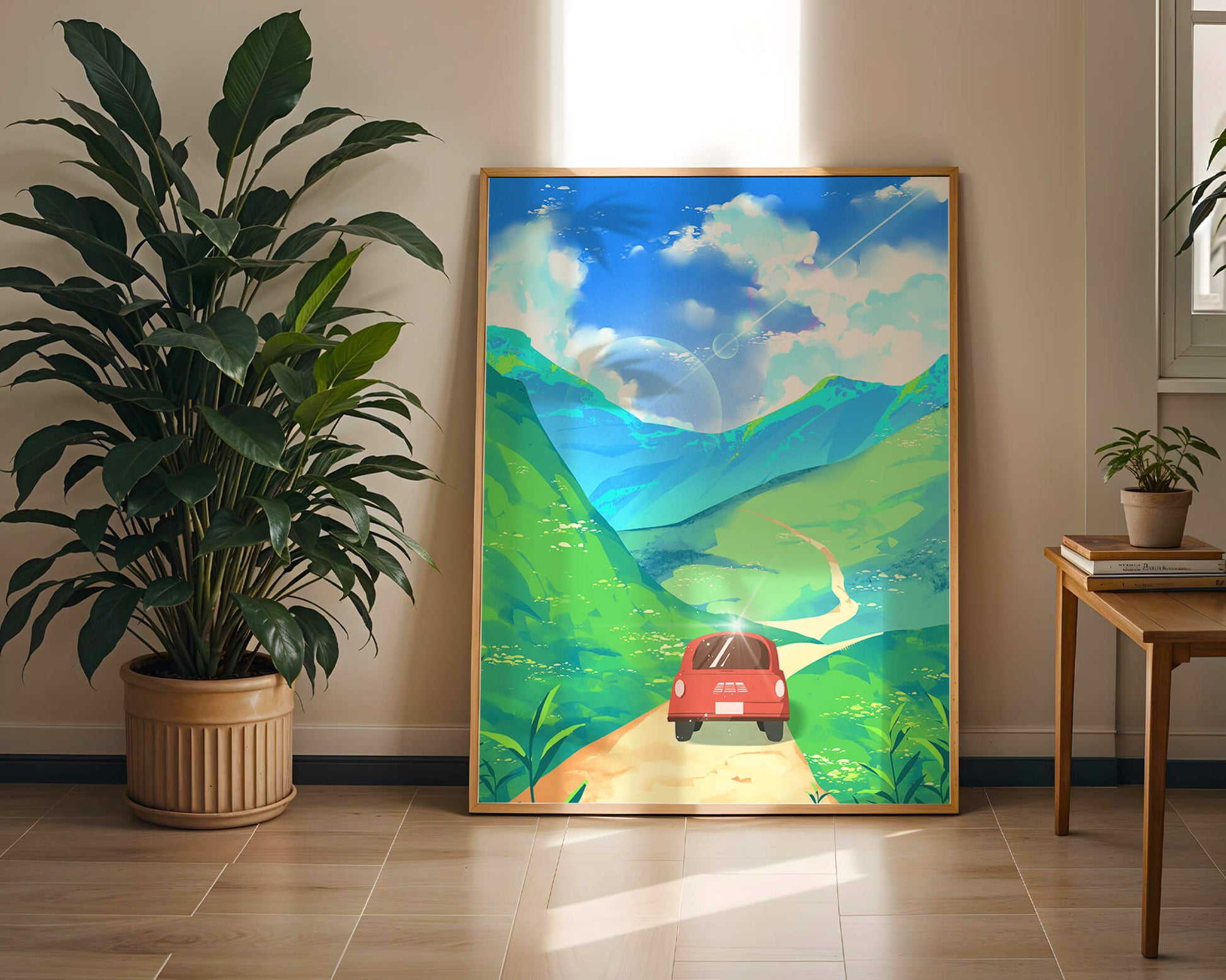 Red Car on a Scenic Road Through Green Hills Under a Vibrant Blue Sky