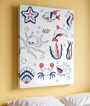 Colorful marine life illustration featuring sea creatures on a dark background