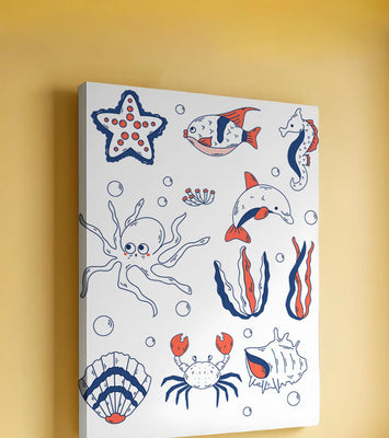 Colorful marine life illustration featuring sea creatures on a dark background