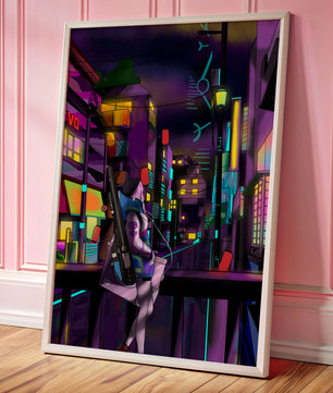 Paisaje urbano cyberpunk con un personaje futurista por la noche