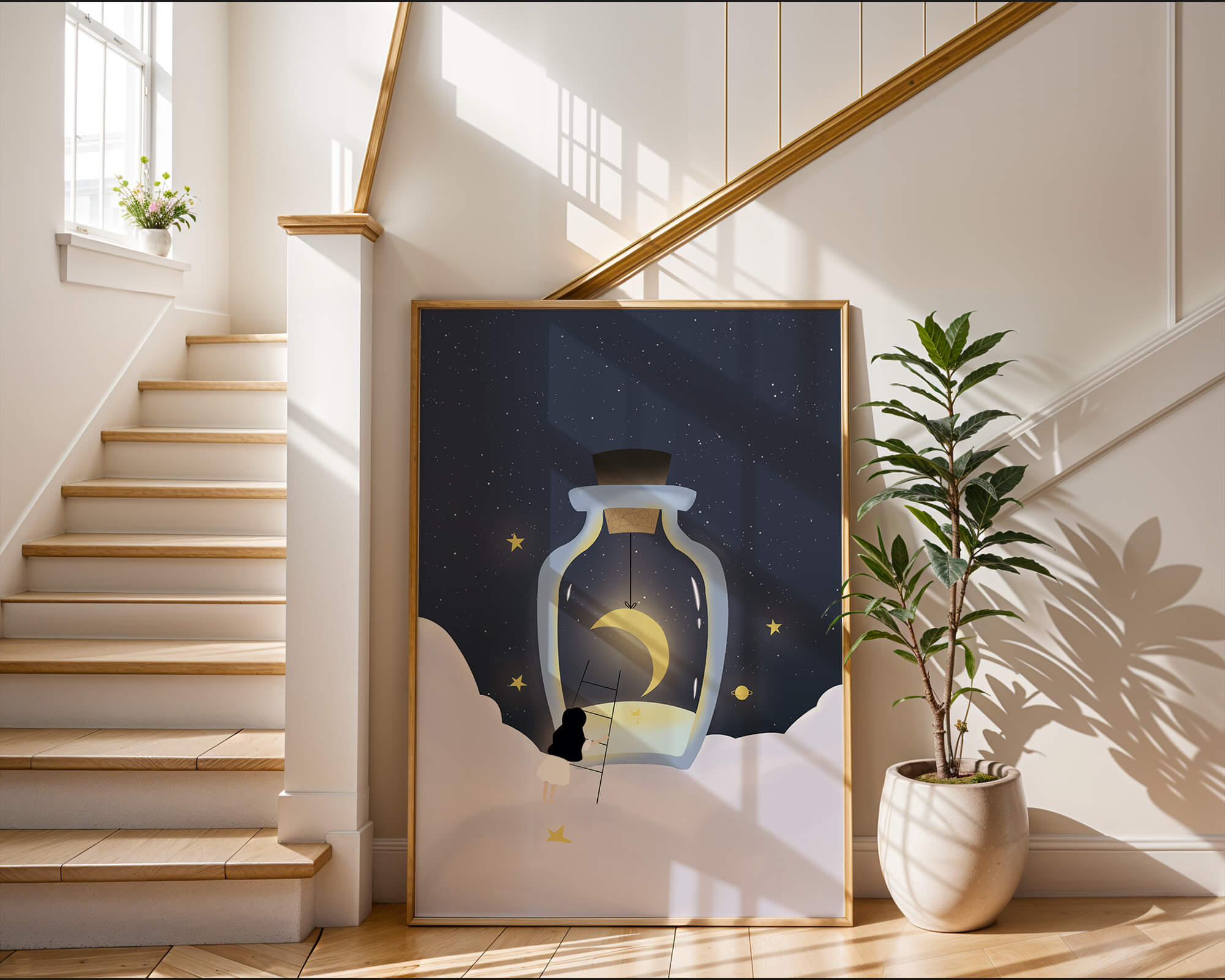 Fantasy Scene with Girl and Moon in a Bottle